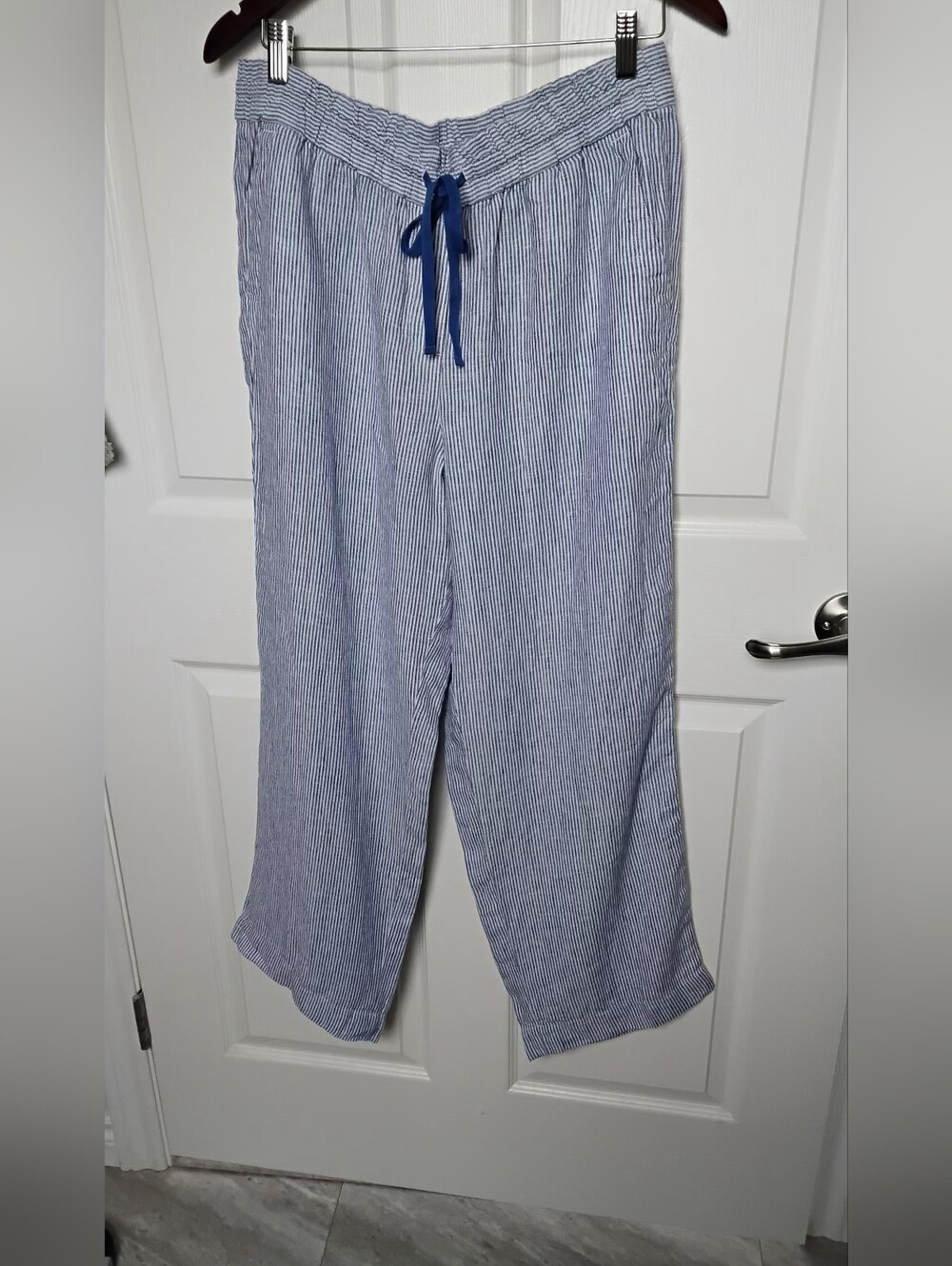 Talbots‎ 100% Linen Blue and White Striped Elastic Waist Pants NWT Size LP